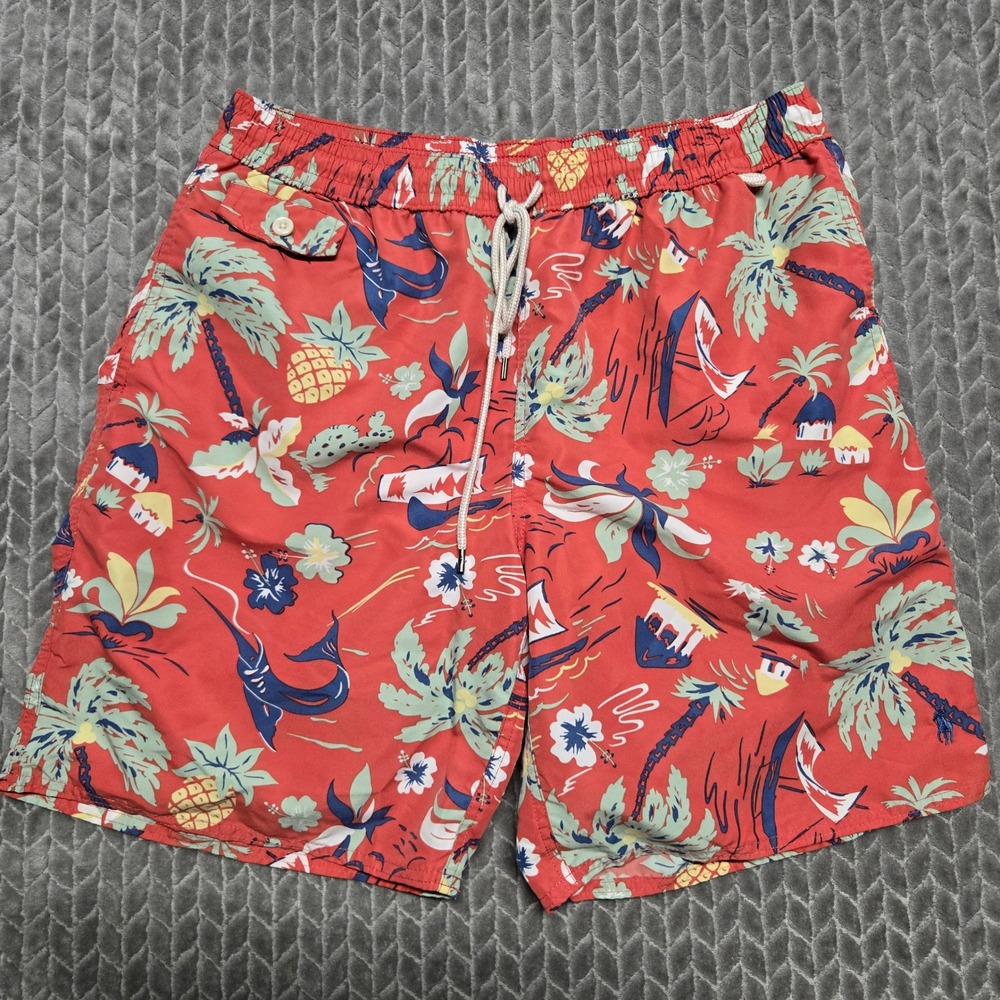Polo Ralph Lauren Men XL Red Tropical Island Hawaiian Mesh‎ Swim Trunks Shorts